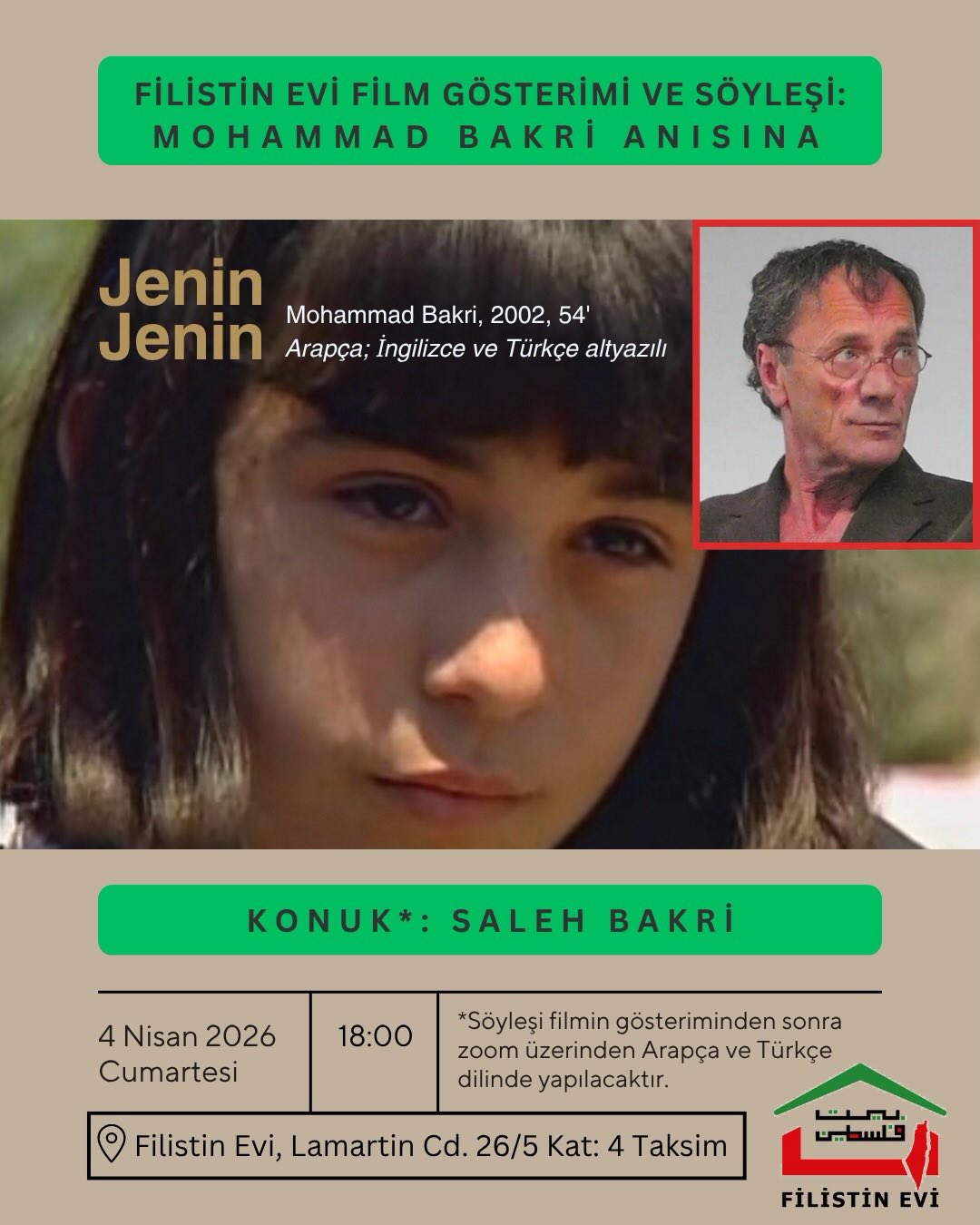 “Jenin Jenin” gösterimi ve söyleşi Filistin Evi’nde düzenlenecek